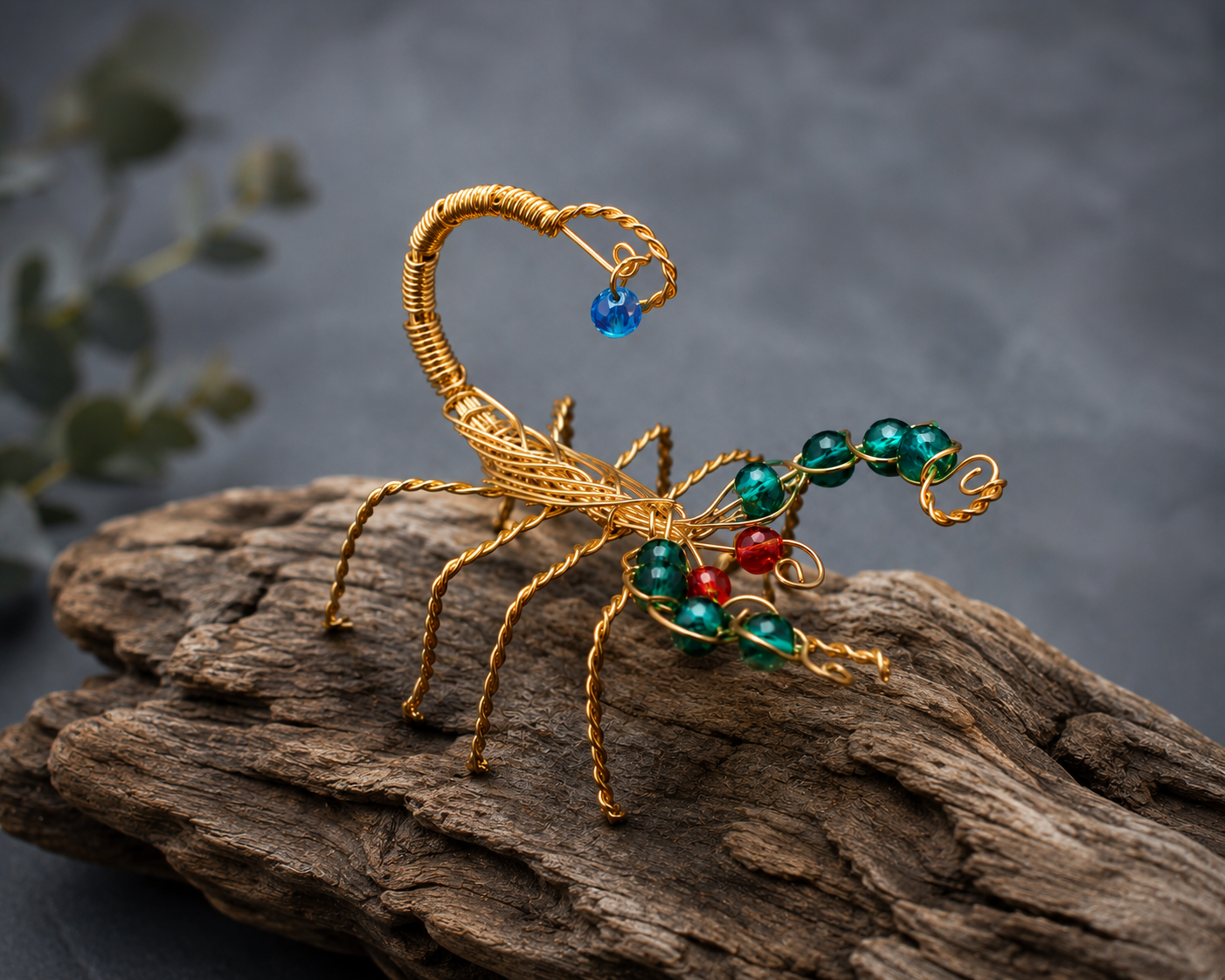 Copper-Coloured Aluminium Wire Scorpion Sculpture with Glass Beads – Handmade Art