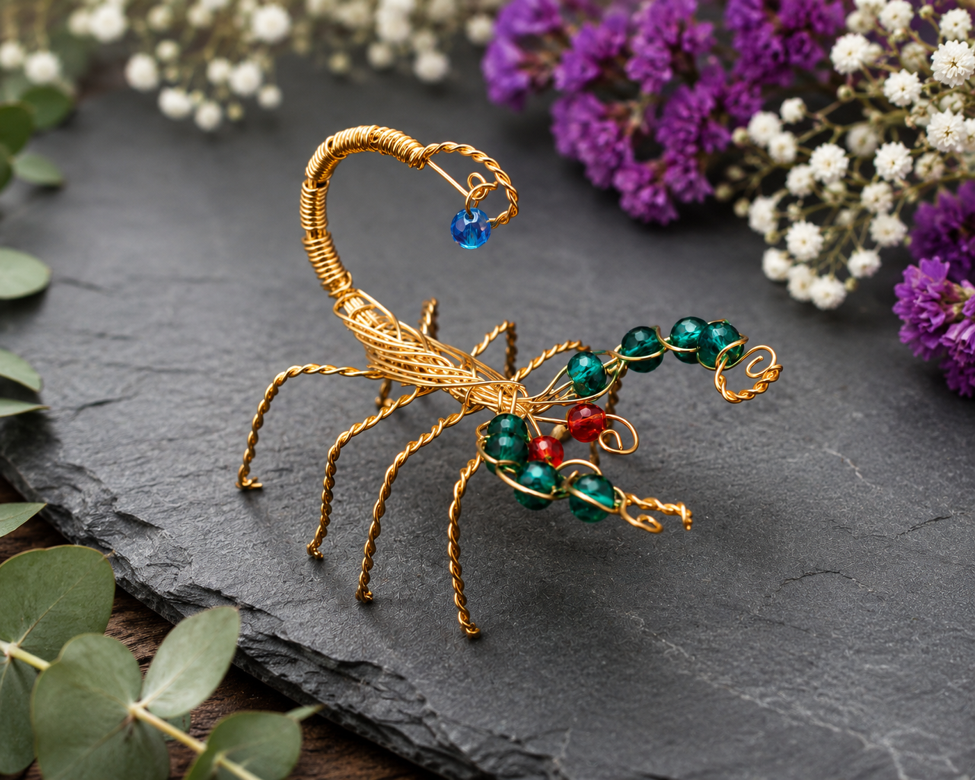 Copper-Coloured Aluminium Wire Scorpion Sculpture with Glass Beads – Handmade Art
