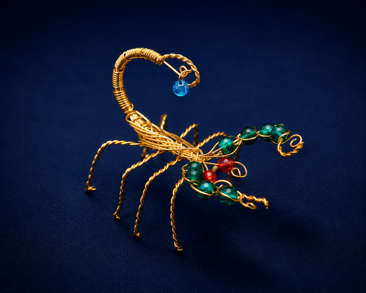 Copper-Coloured Aluminium Wire Scorpion Sculpture with Glass Beads – Handmade Art