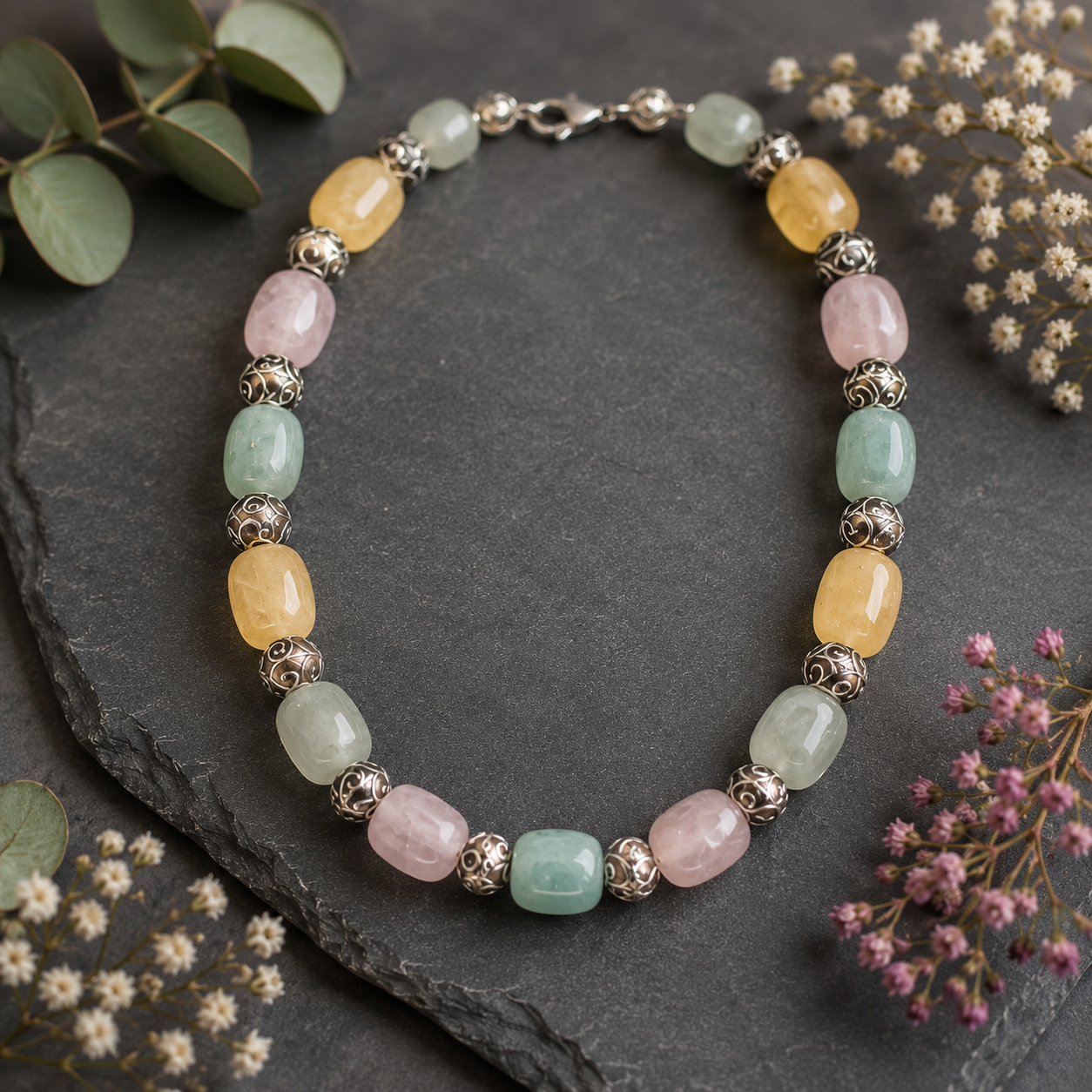 aventurine, citrine, rose quartz and milky quartz necklace