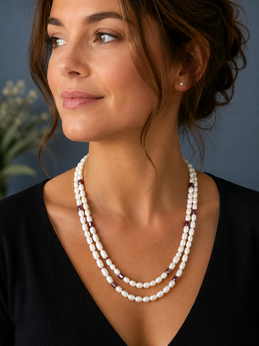 19" Pearl and Garnet Necklace with sterling silver clasp
