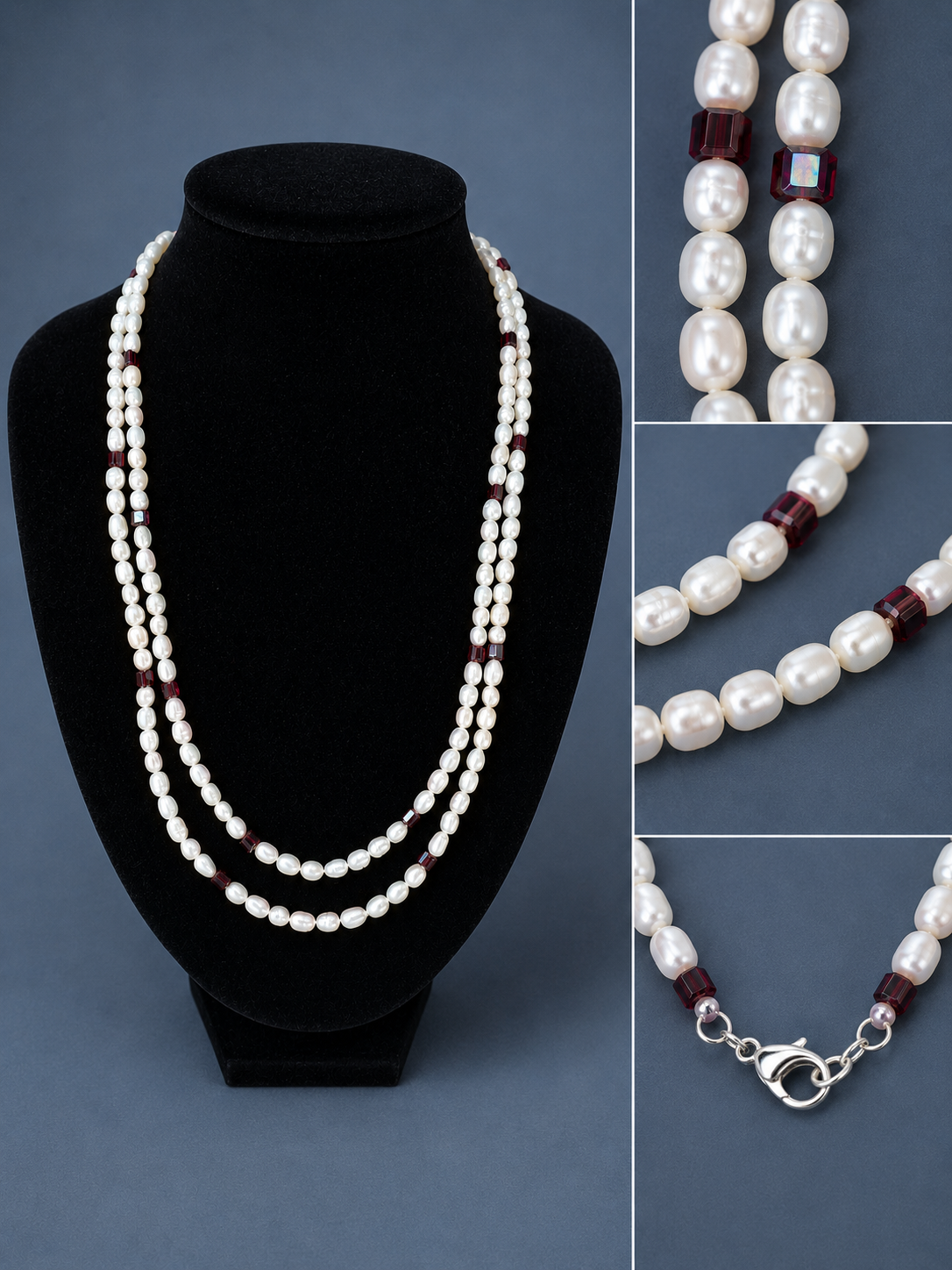 19" Pearl and Garnet Necklace with sterling silver clasp