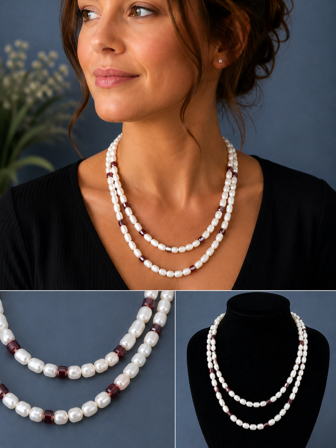 19" Pearl and Garnet Necklace with sterling silver clasp