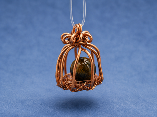 Handcrafted Copper Wire Cage Pendant with Tiger's Eye
