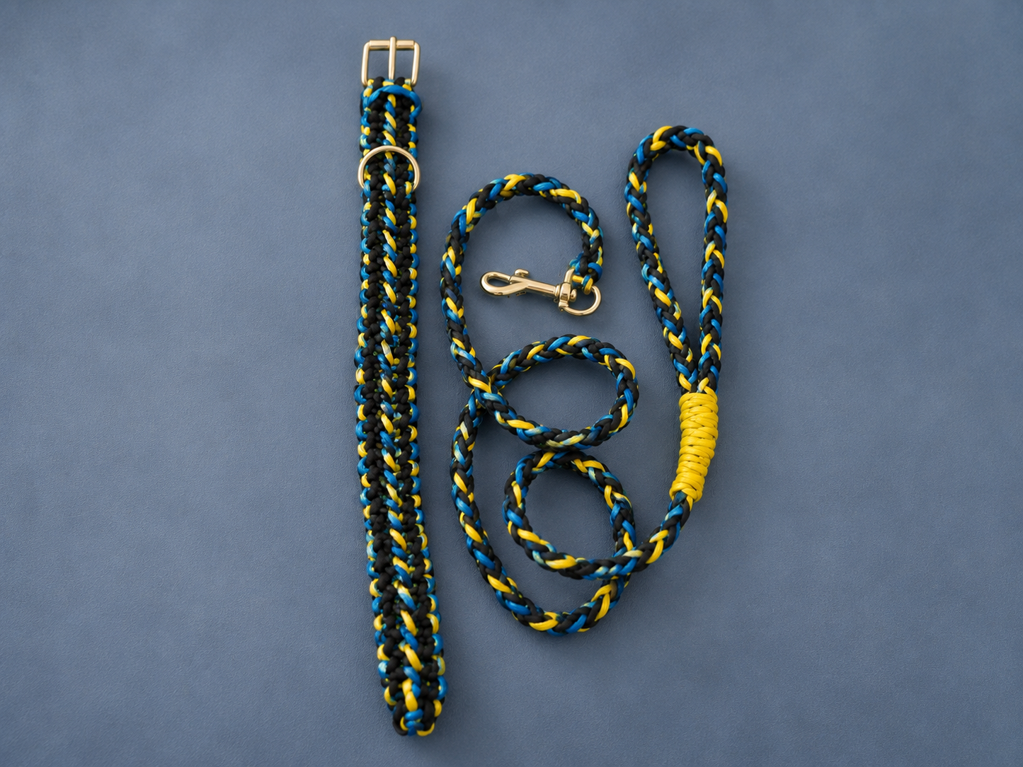 Blue & Yellow Hi Visibility Paracord Dog Collar and Leash Set
