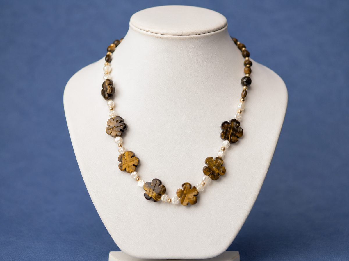 Tiger's Eye Flower & Clear Quartz Beaded Necklace