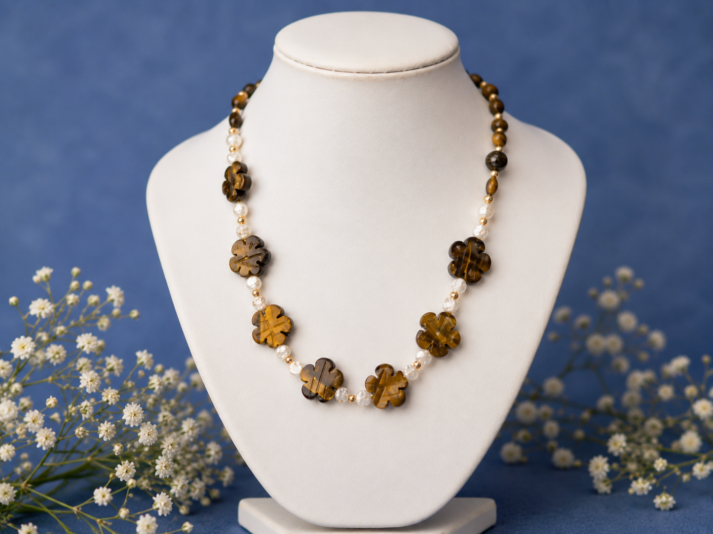 Tiger's Eye Flower & Clear Quartz Beaded Necklace