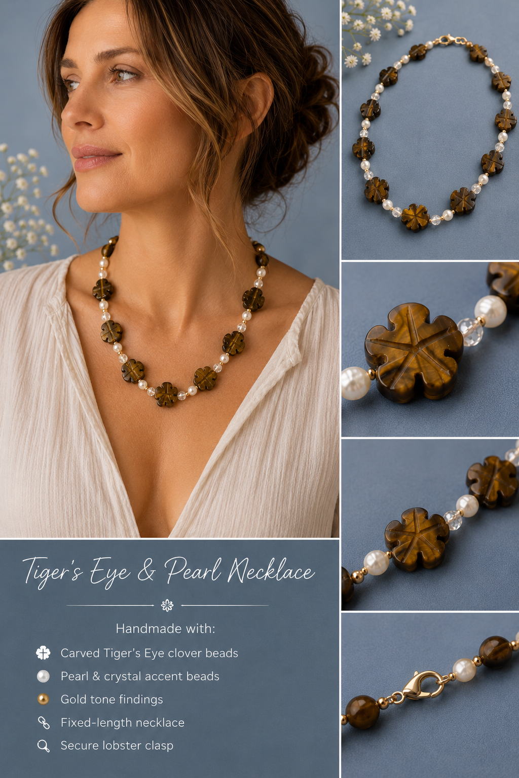 Tiger's Eye Flower & Clear Quartz Beaded Necklace
