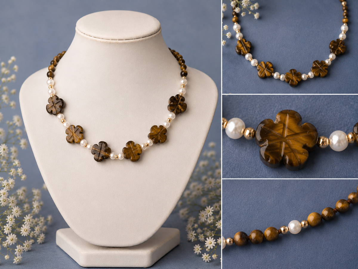Tiger's Eye Flower & Clear Quartz Beaded Necklace