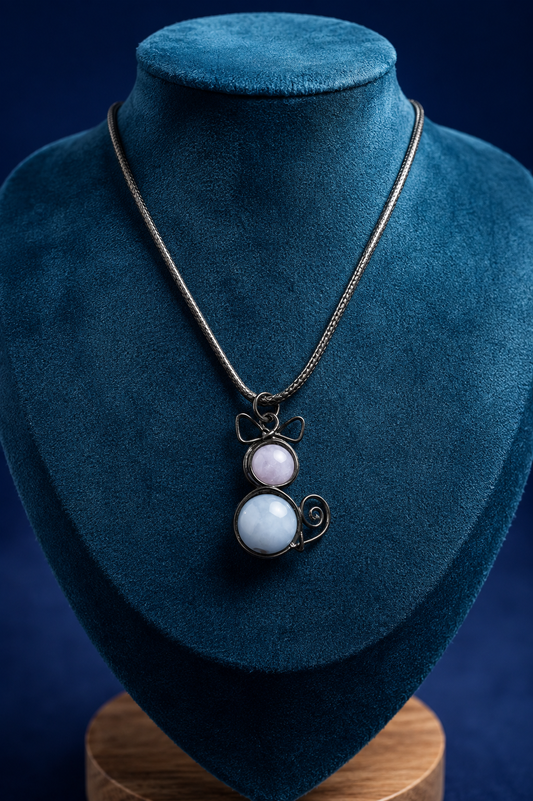 Aquamarine Gemstone Cat Pendant on Black Leather Cord