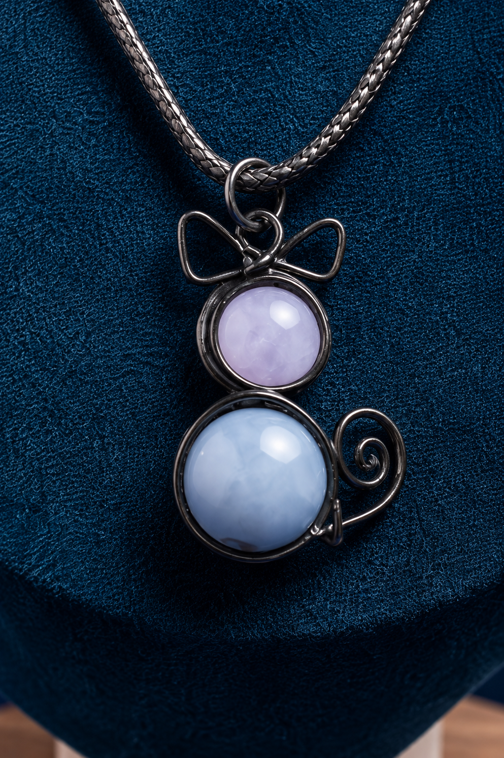 Aquamarine Gemstone Cat Pendant on Black Leather Cord
