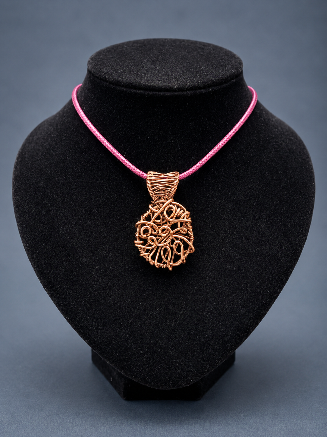 Copper Wire Free Form Art Pendant on Pink Cord