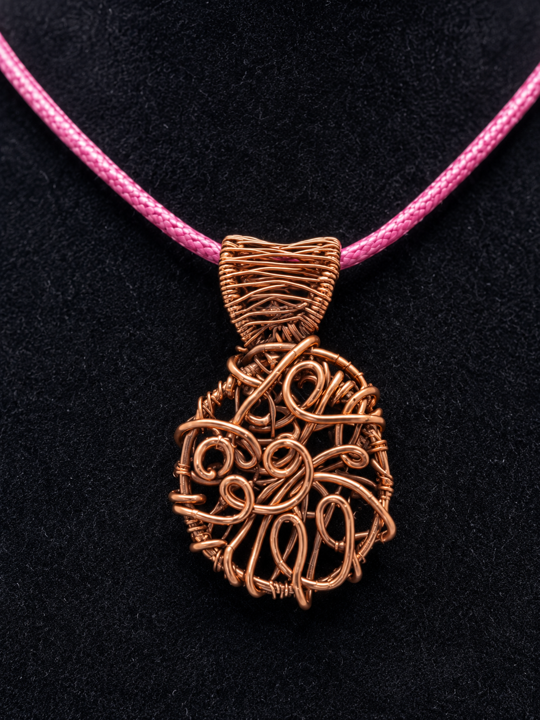 Copper Wire Free Form Art Pendant on Pink Cord