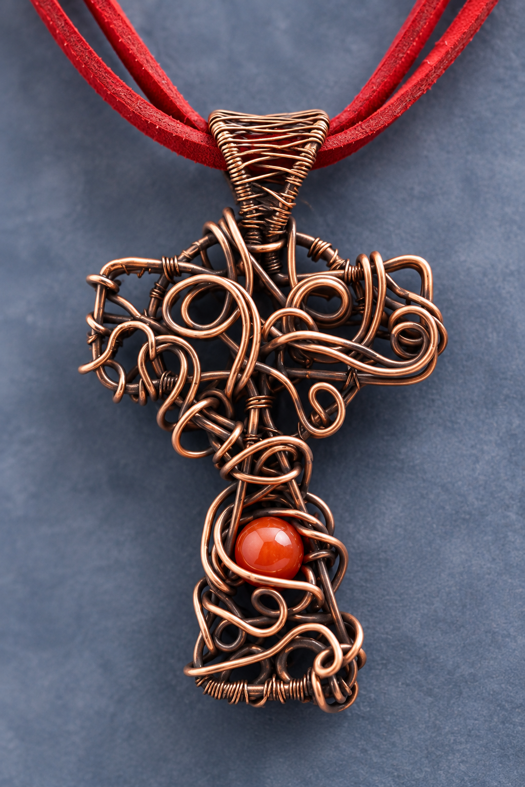 Antique Patinated Copper Wire Wrapped Cross Pendant with Carnelian