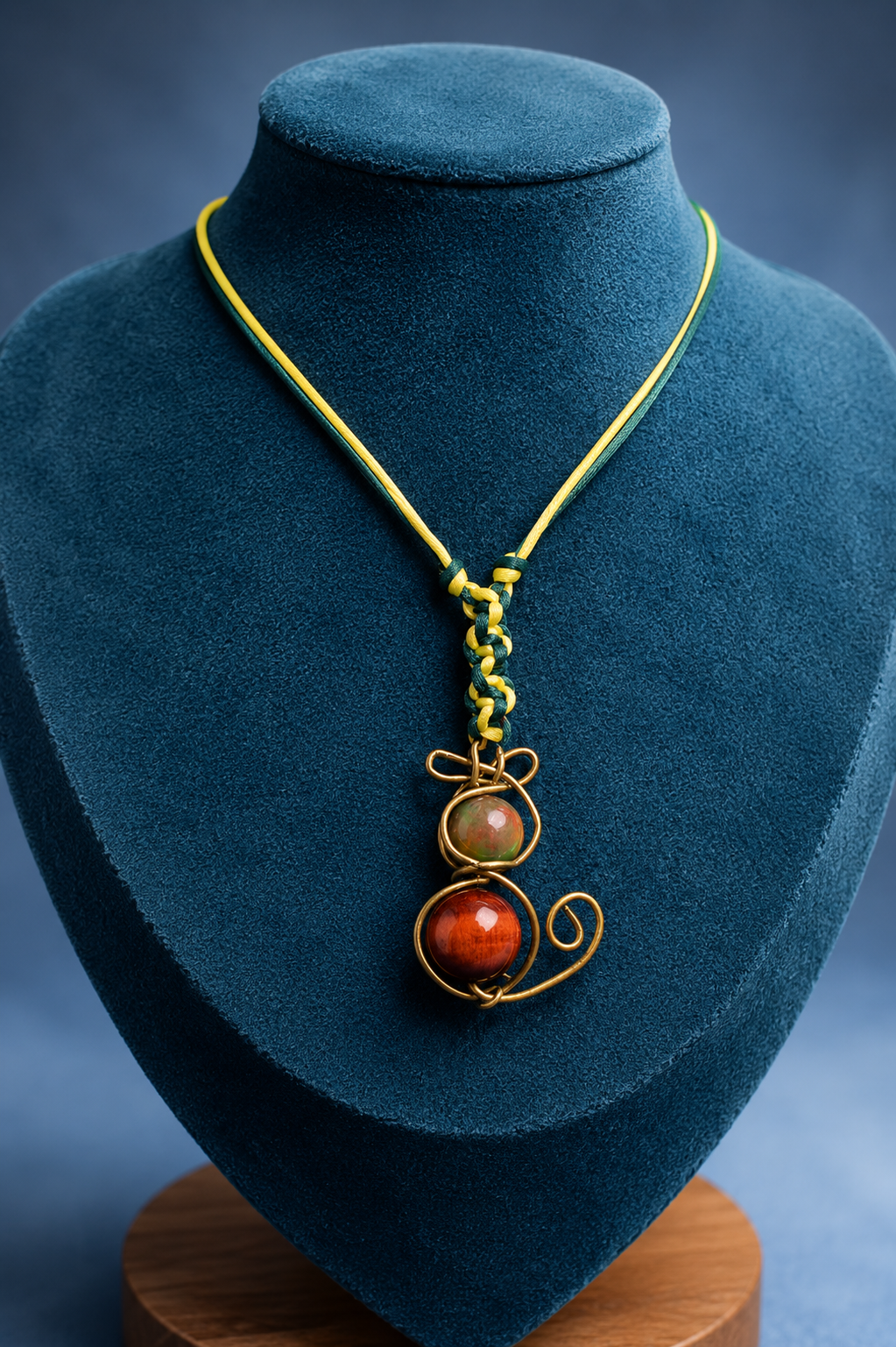 Cat-Shaped Wire Art Pendant with Tiger's Eye Gemstones – Handmade Jewellery