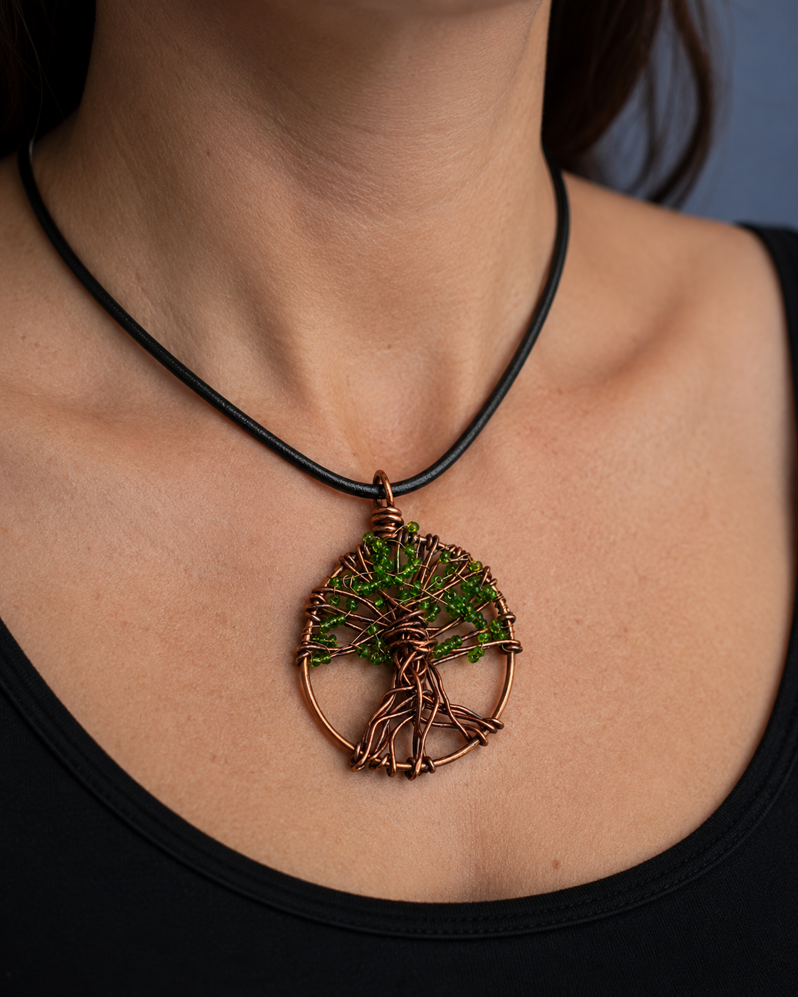 Copper Wire Tree of Life Pendant with Green Beads