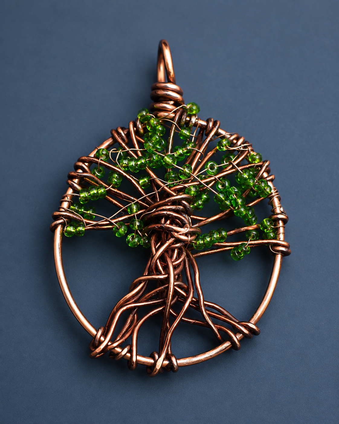 Copper Wire Tree of Life Pendant with Green Beads