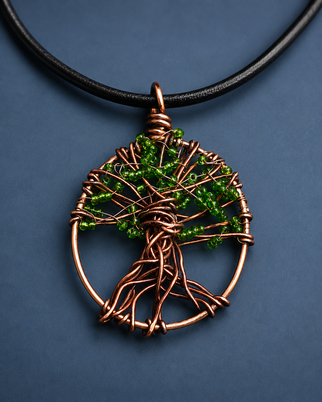 Copper Wire Tree of Life Pendant with Green Beads