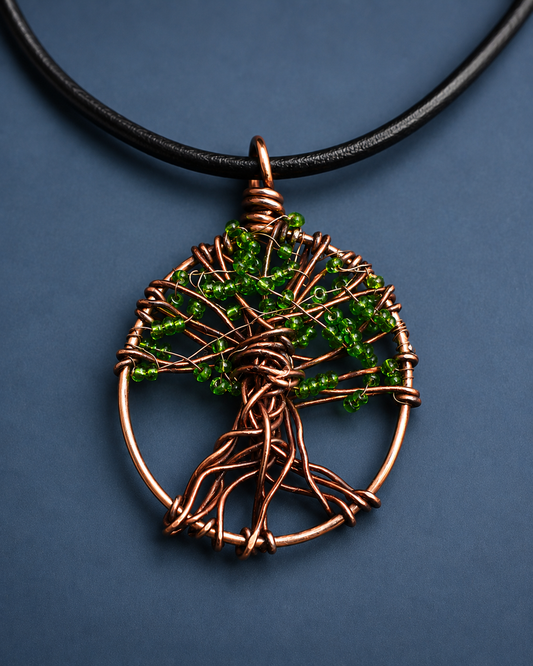 Copper Wire Tree of Life Pendant with Green Beads