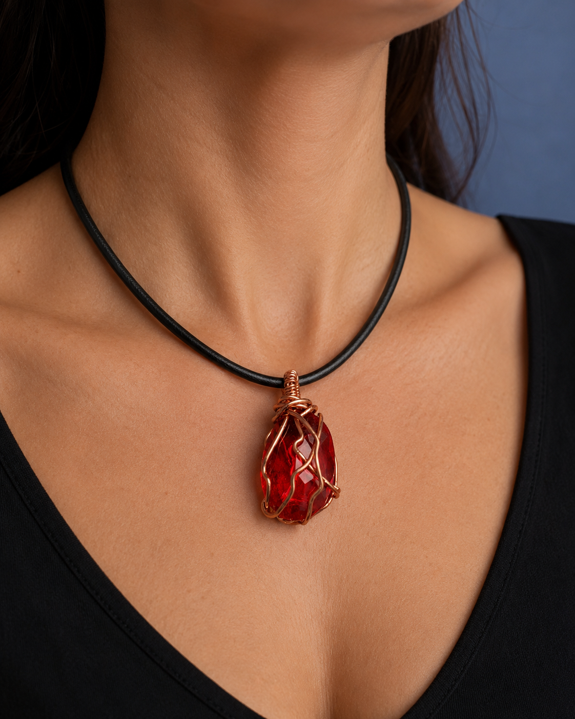 Copper Wire Wrapped Pendant with Ruby Alternative