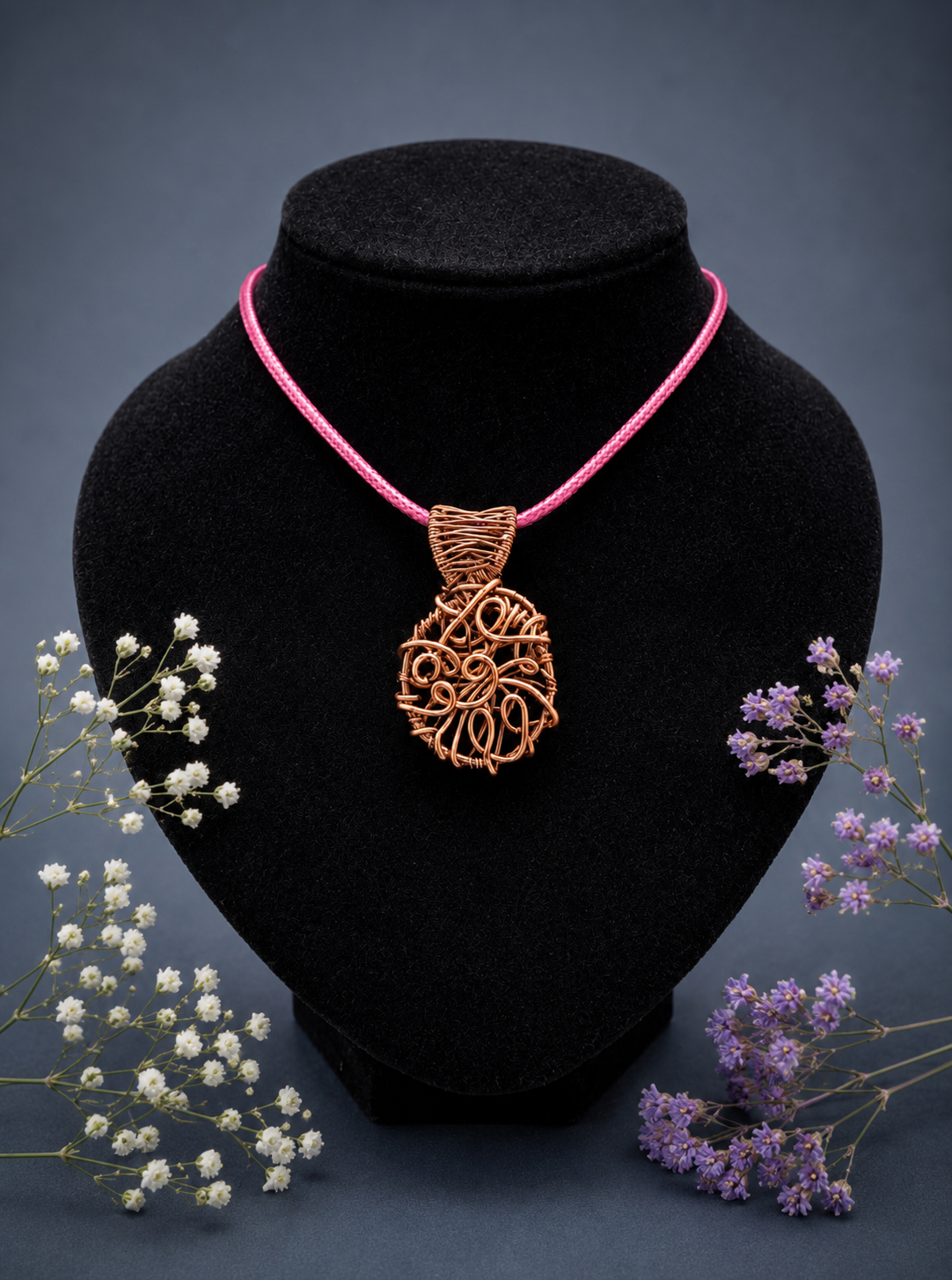 Copper Wire Free Form Art Pendant on Pink Cord