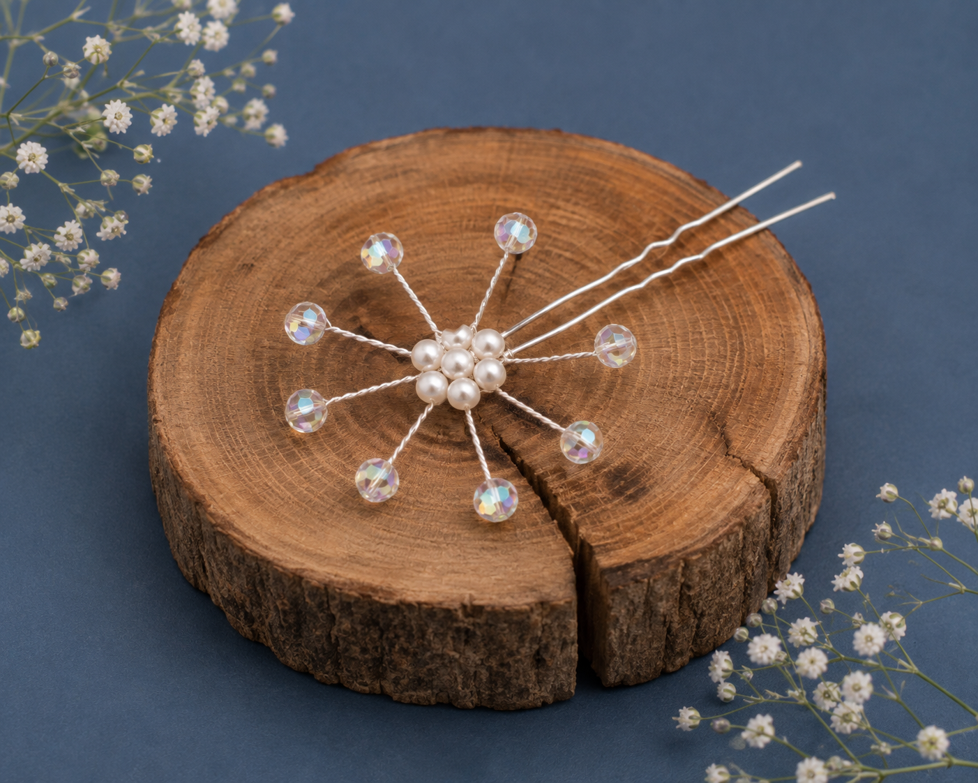 Handcrafted Silver Wire Hair Clips Set - Pearls & Rhinestones