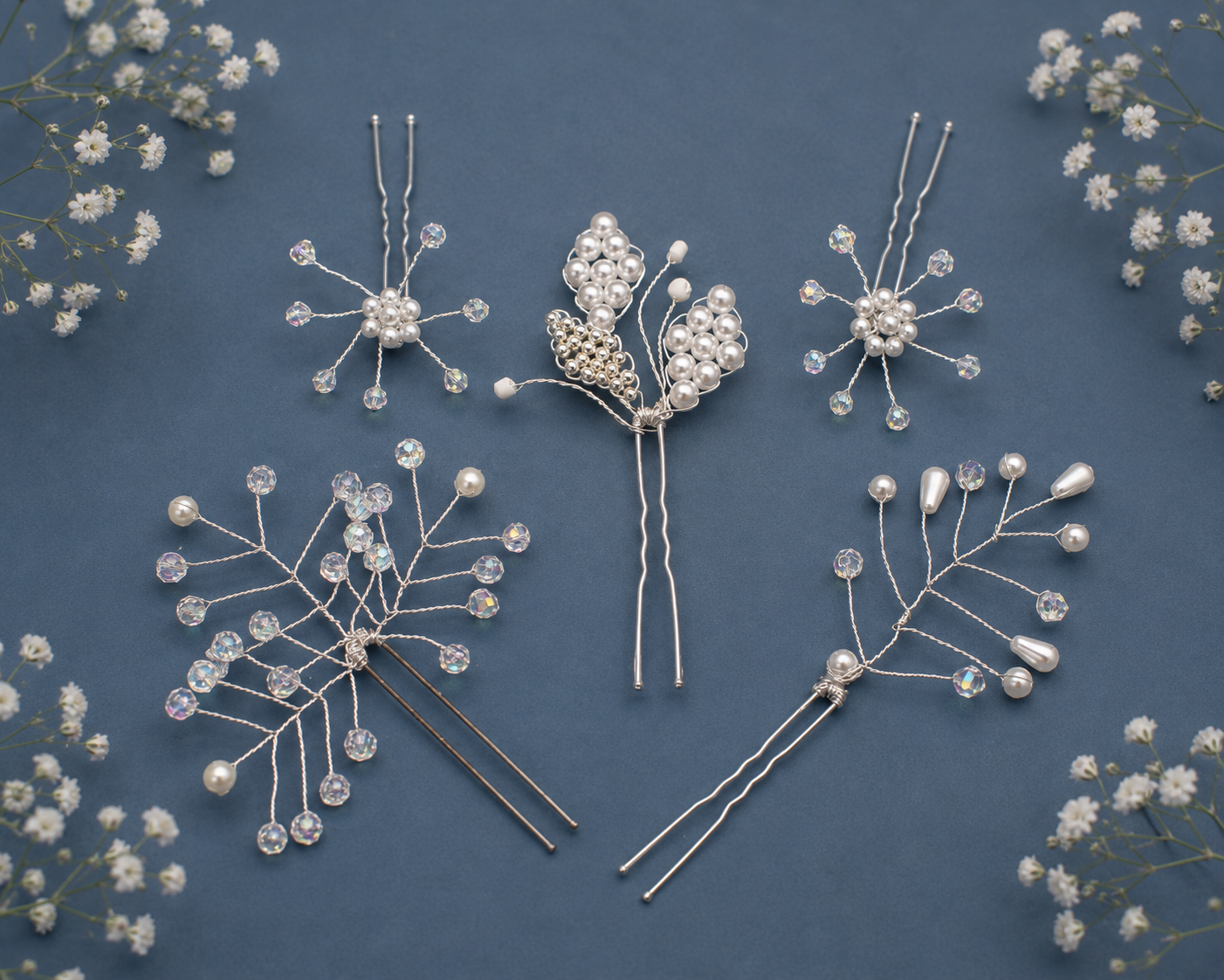 Handcrafted Silver Wire Hair Clips Set - Pearls & Rhinestones