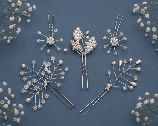 Handcrafted Silver Wire Hair Clips Set - Pearls & Rhinestones