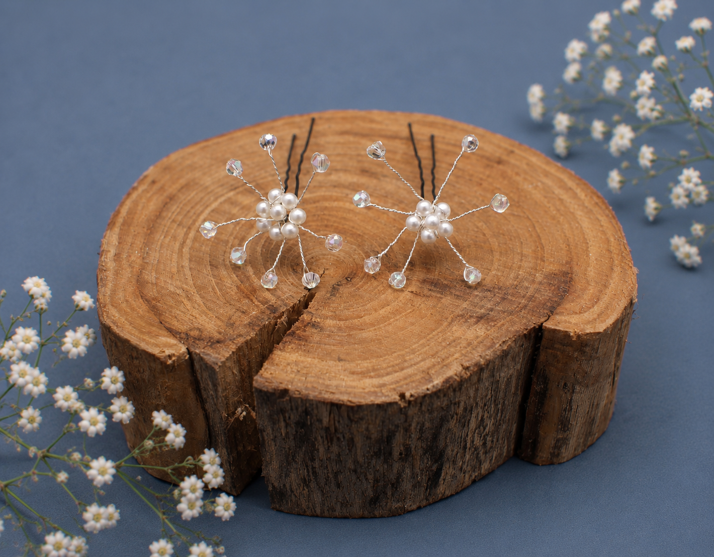 Handcrafted Silver Wire Hair Clips Set - Pearls & Rhinestones