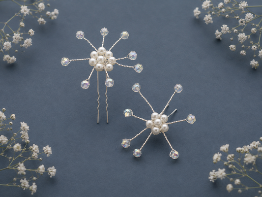 Faux Pearl, White and Silver Bead Wedding Bobby Pins – Set of 6