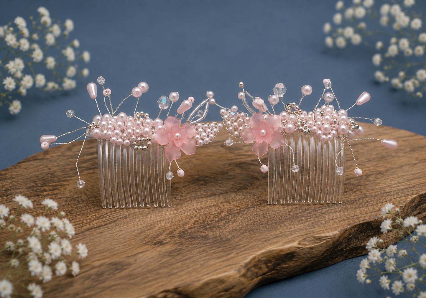 Pink Pearl & Floral Bead Hair Combs