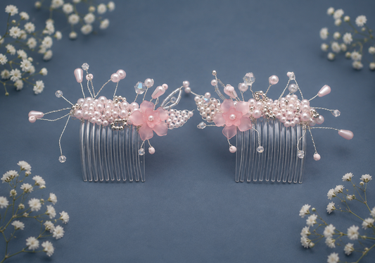 Pink Pearl & Floral Bead Hair Combs