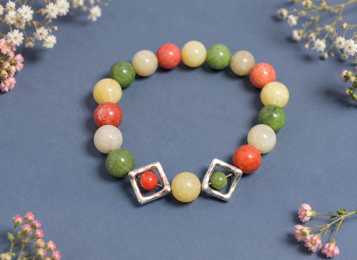 10mm Mixed Gemstone Elasticated Bracelet with Silver Diamond Accents