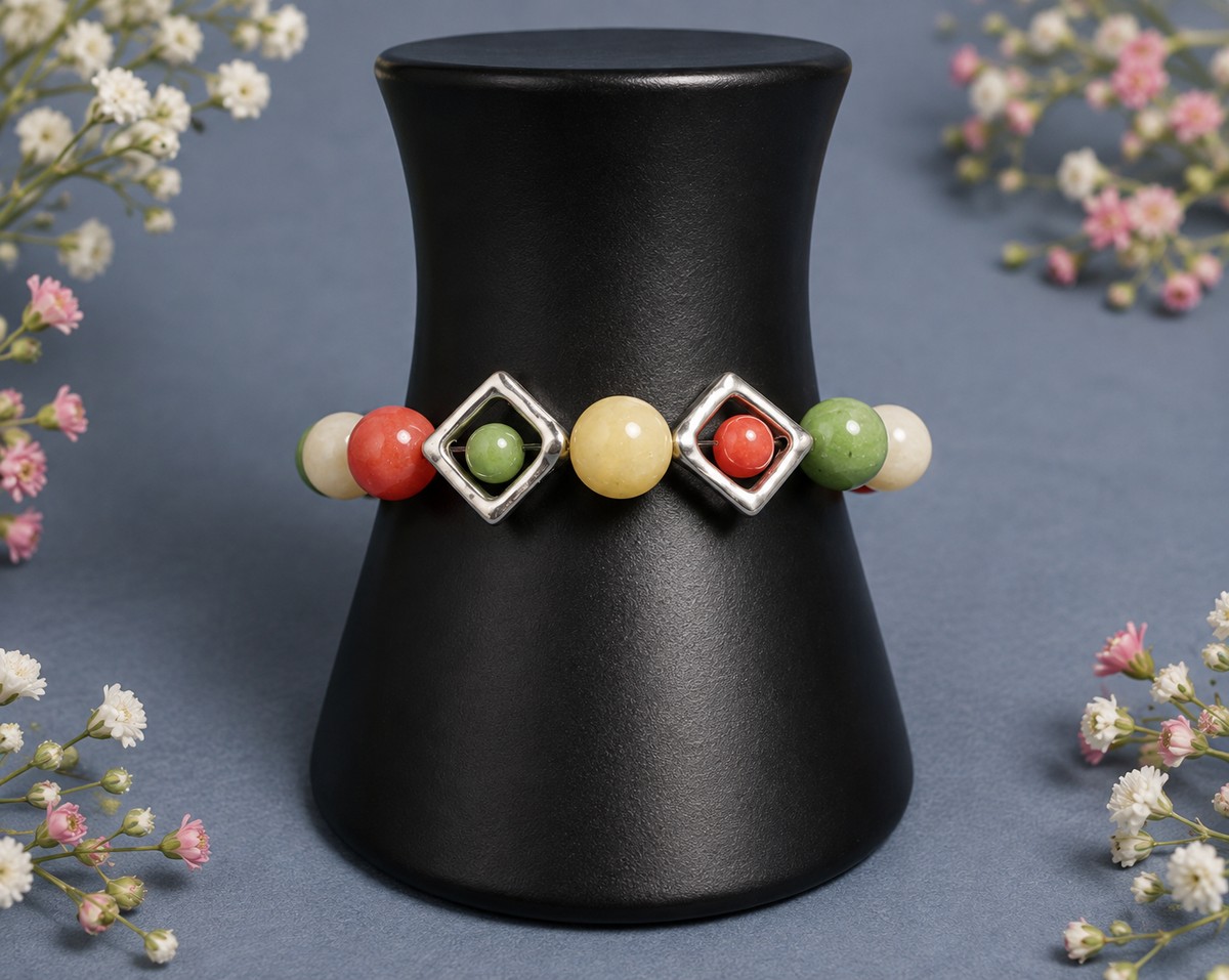 10mm Mixed Gemstone Elasticated Bracelet with Silver Diamond Accents