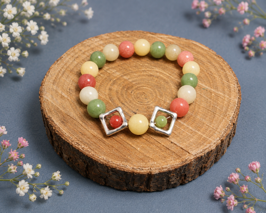 10mm Mixed Gemstone Elasticated Bracelet with Silver Diamond Accents