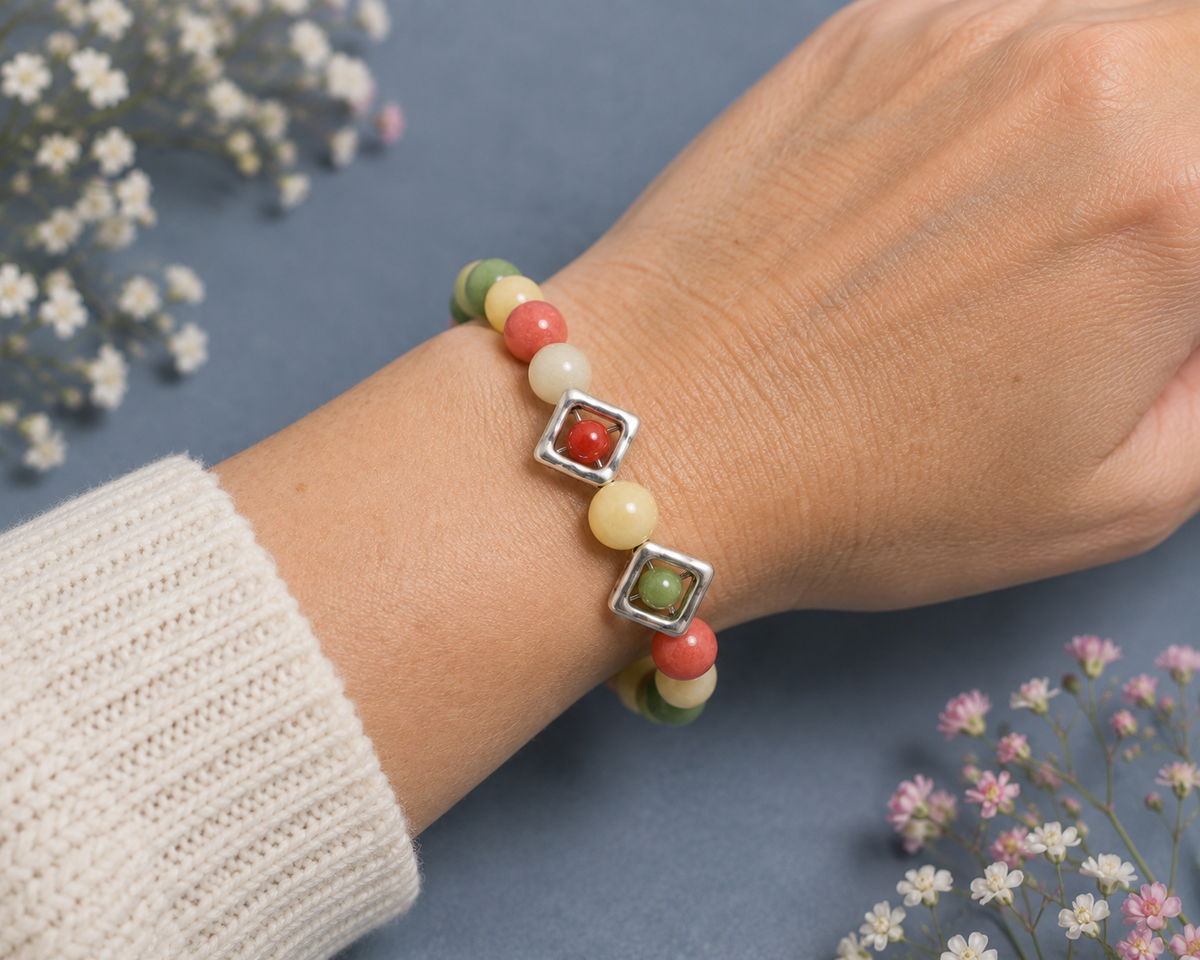 10mm Mixed Gemstone Elasticated Bracelet with Silver Diamond Accents