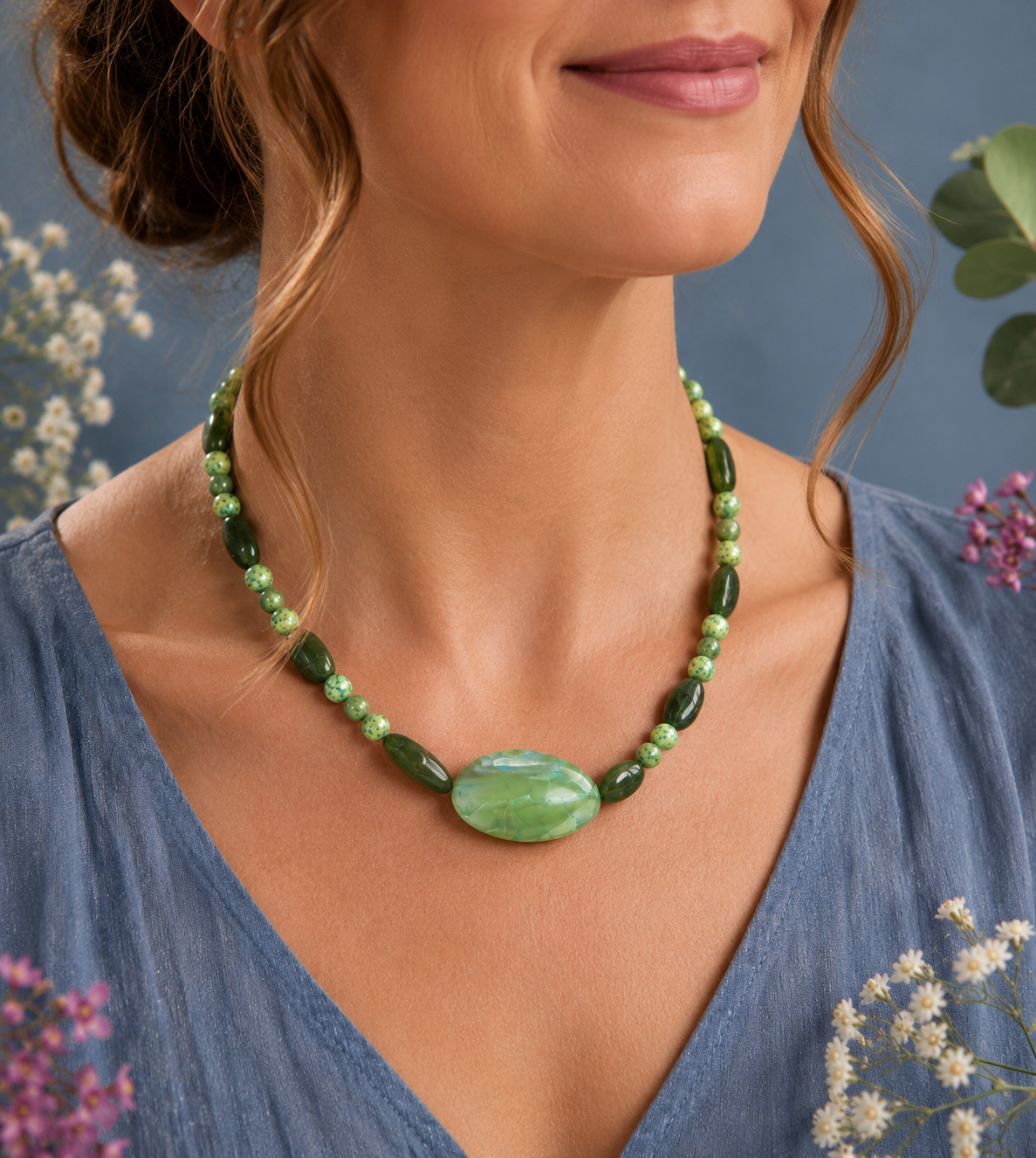 Hydrogrossular Garnet, Green Agate & Serpentine Gemstone Necklace with Large Dyed Agate Centrepiece