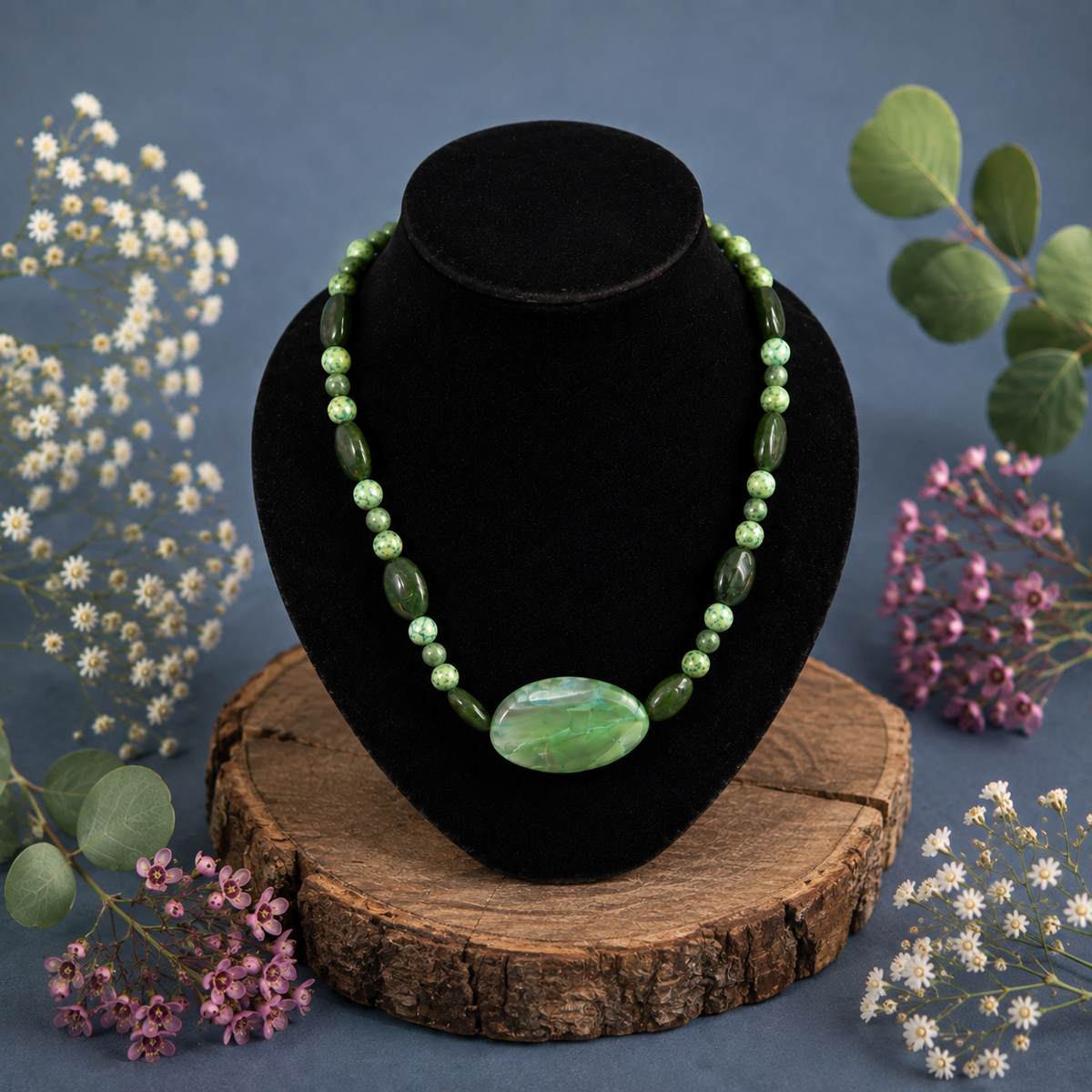 Hydrogrossular Garnet, Green Agate & Serpentine Gemstone Necklace with Large Dyed Agate Centrepiece
