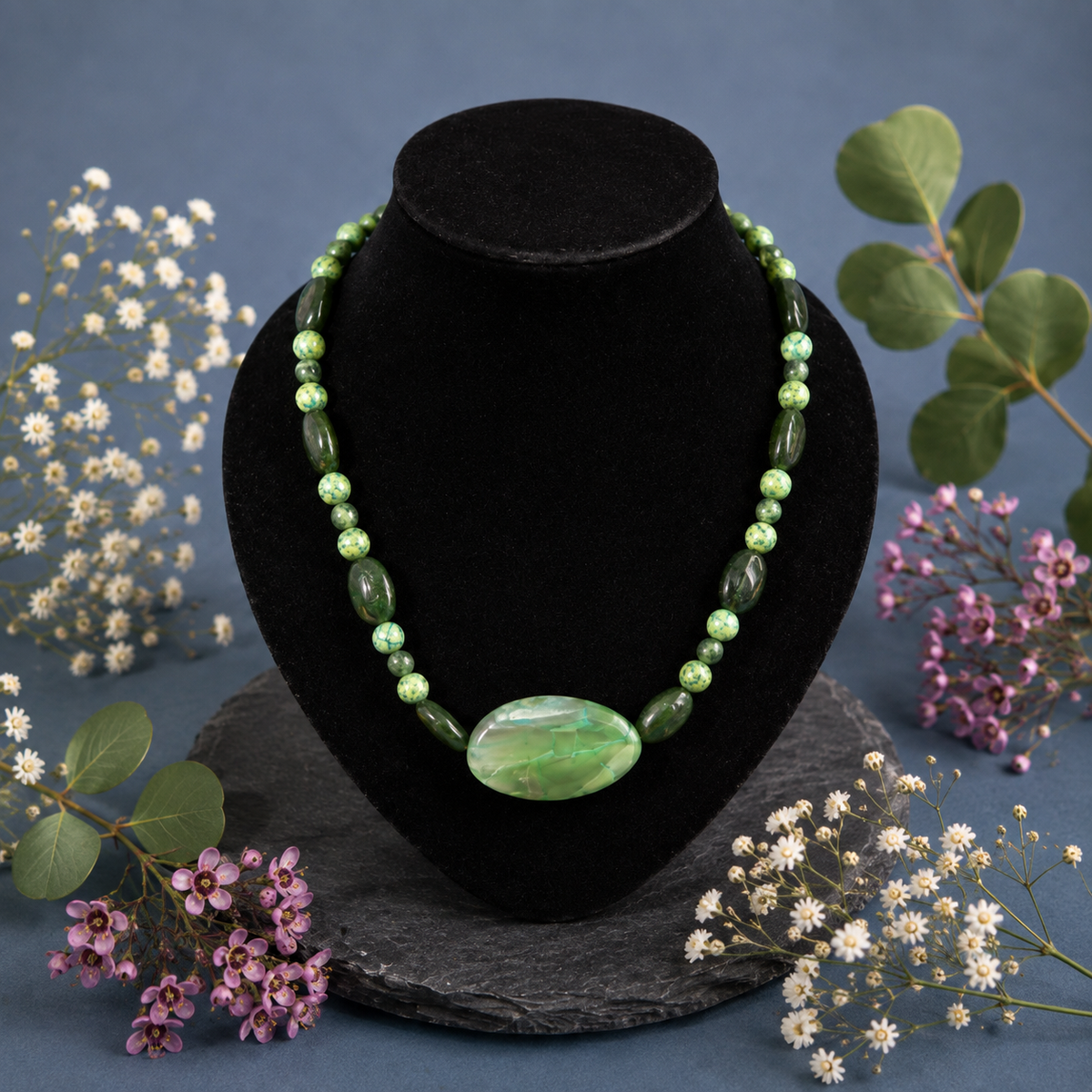Hydrogrossular Garnet, Green Agate & Serpentine Gemstone Necklace with Large Dyed Agate Centrepiece