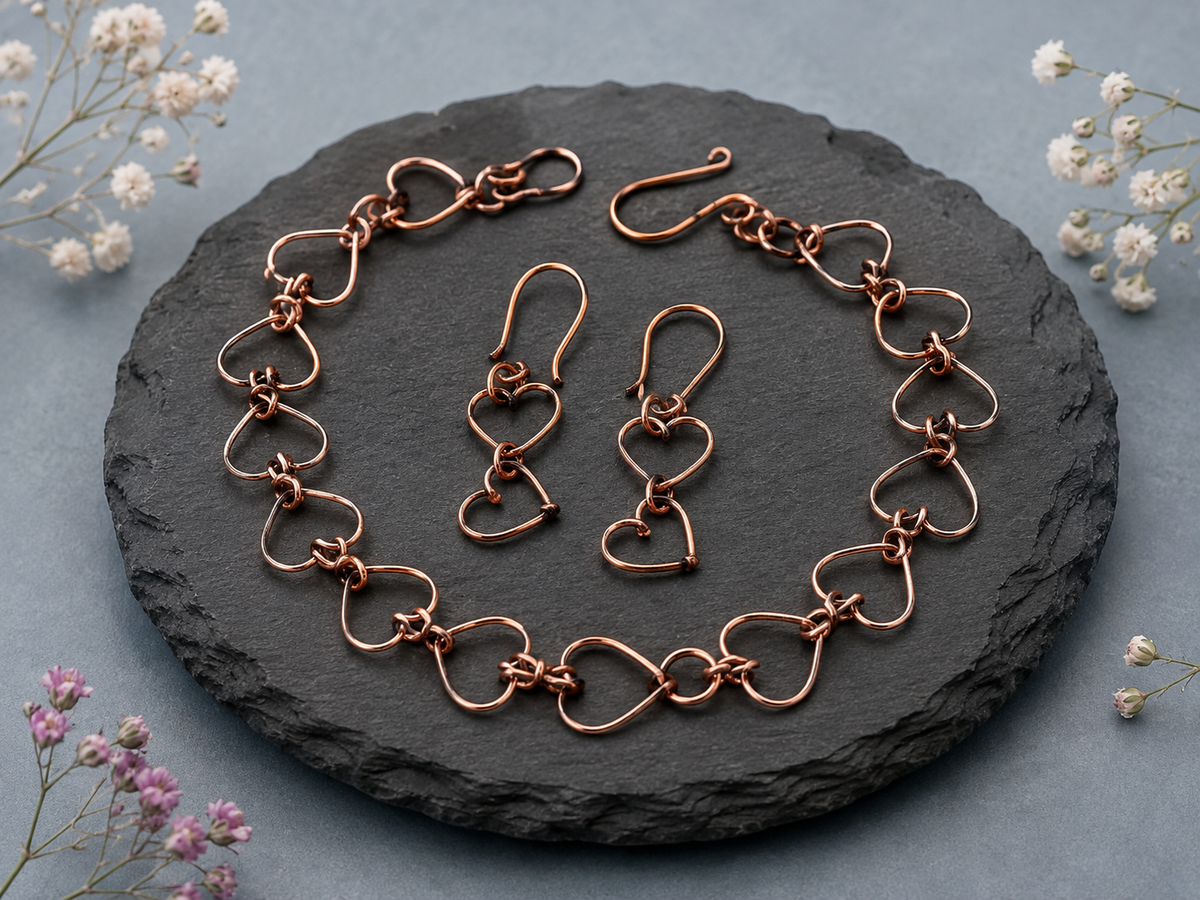 Handmade Copper Wire Heart Bracelet and Earring Set – Handmade Romantic Jewellery