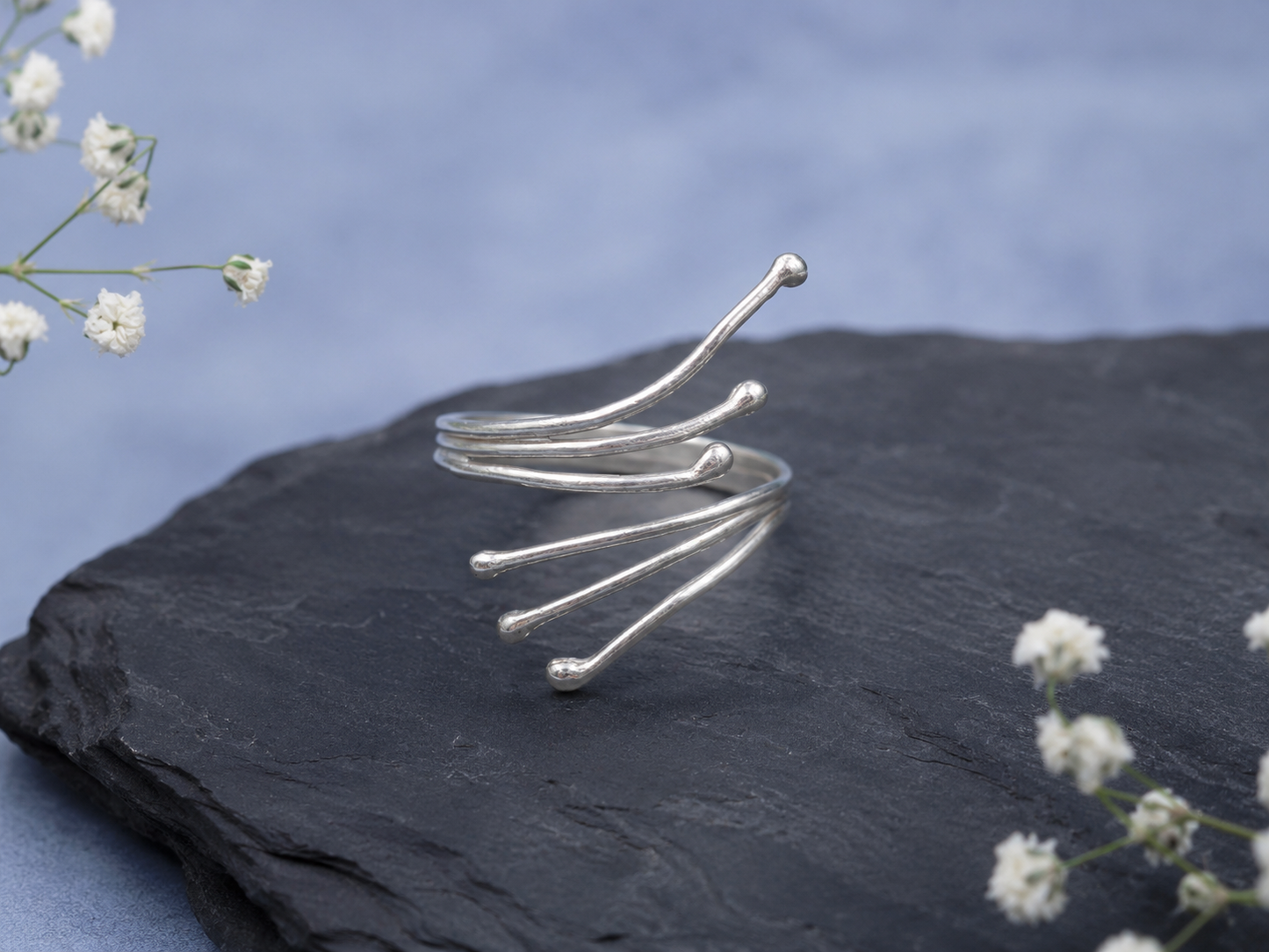 Adjustable Sterling Silver Ring - Three Wires soldered branch effect with Balled Ends