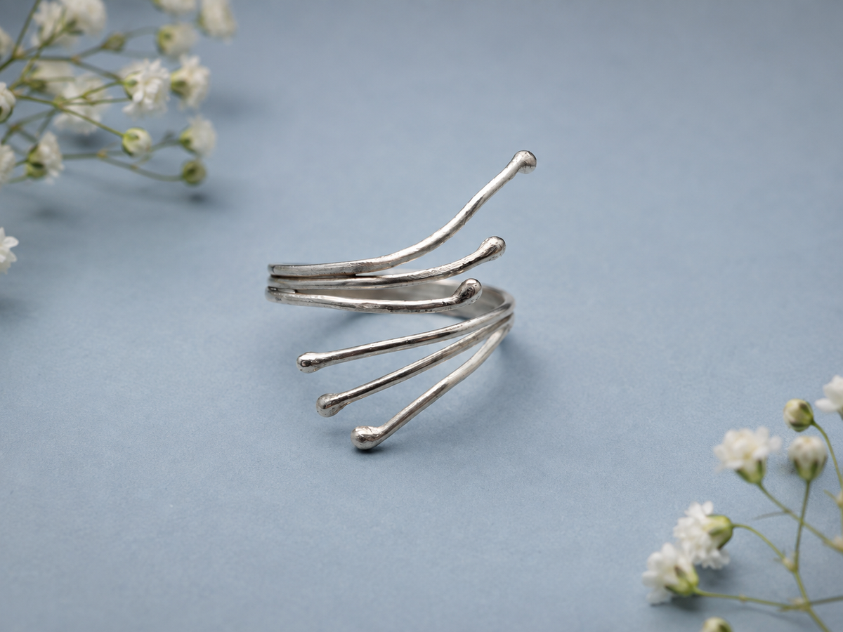 Adjustable Sterling Silver Ring - Three Wires soldered branch effect with Balled Ends