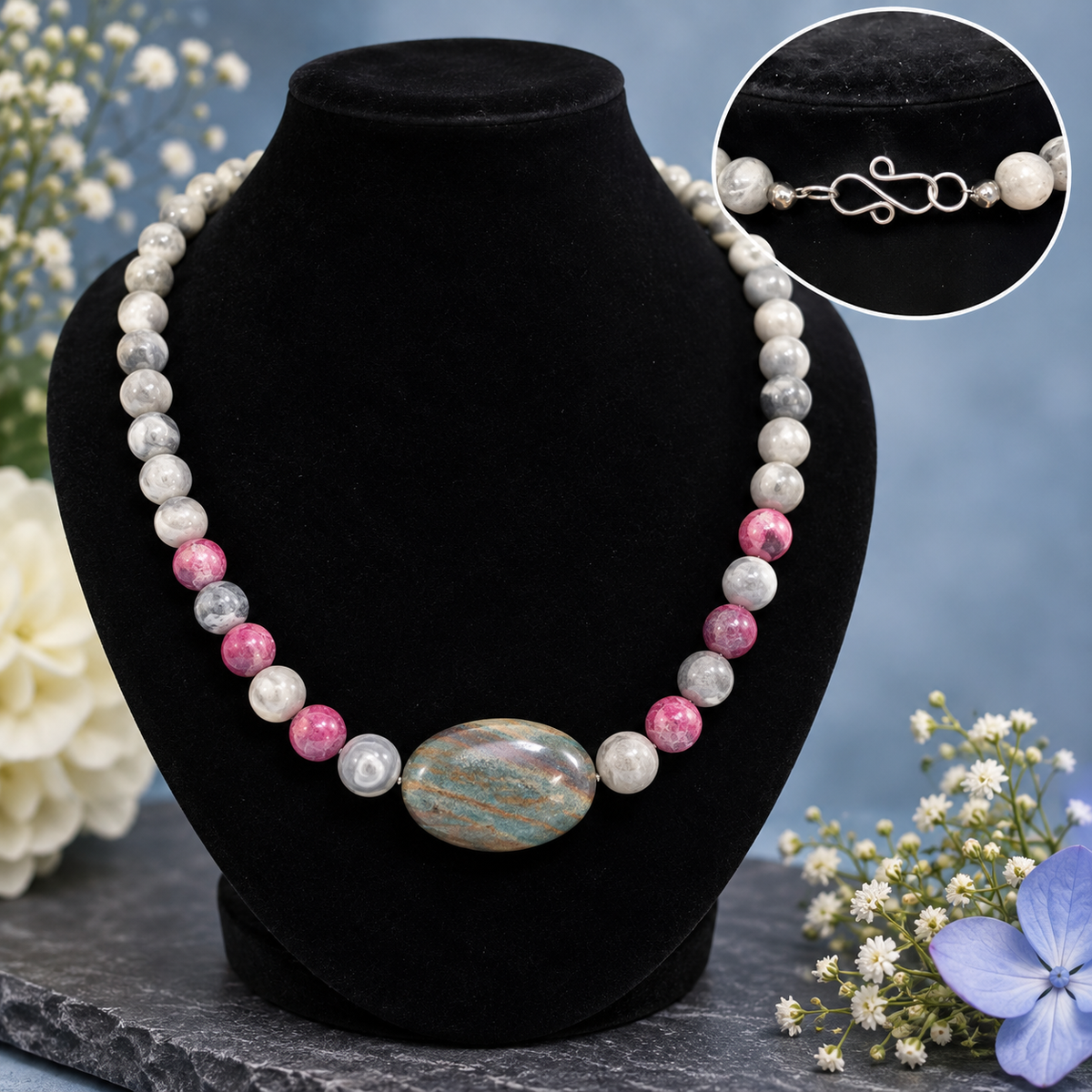 Ocean Jasper, Agate & Pink Agate Gemstone Necklace with Handmade Sterling Silver Clasp