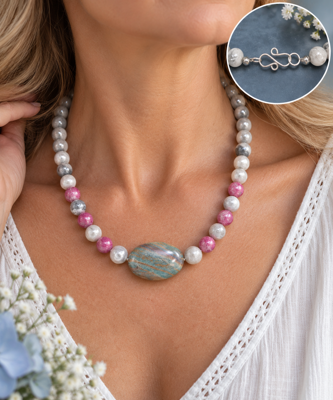 Ocean Jasper, Agate & Pink Agate Gemstone Necklace with Handmade Sterling Silver Clasp