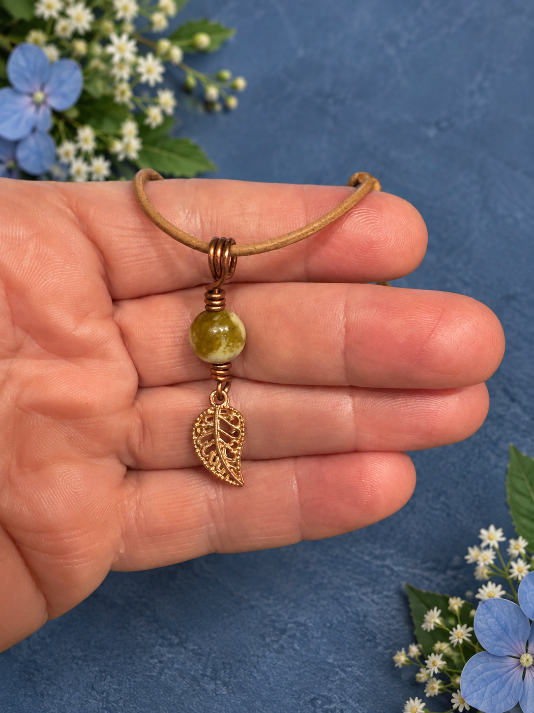 Copper Leaf & Serpentine Gemstone Necklace