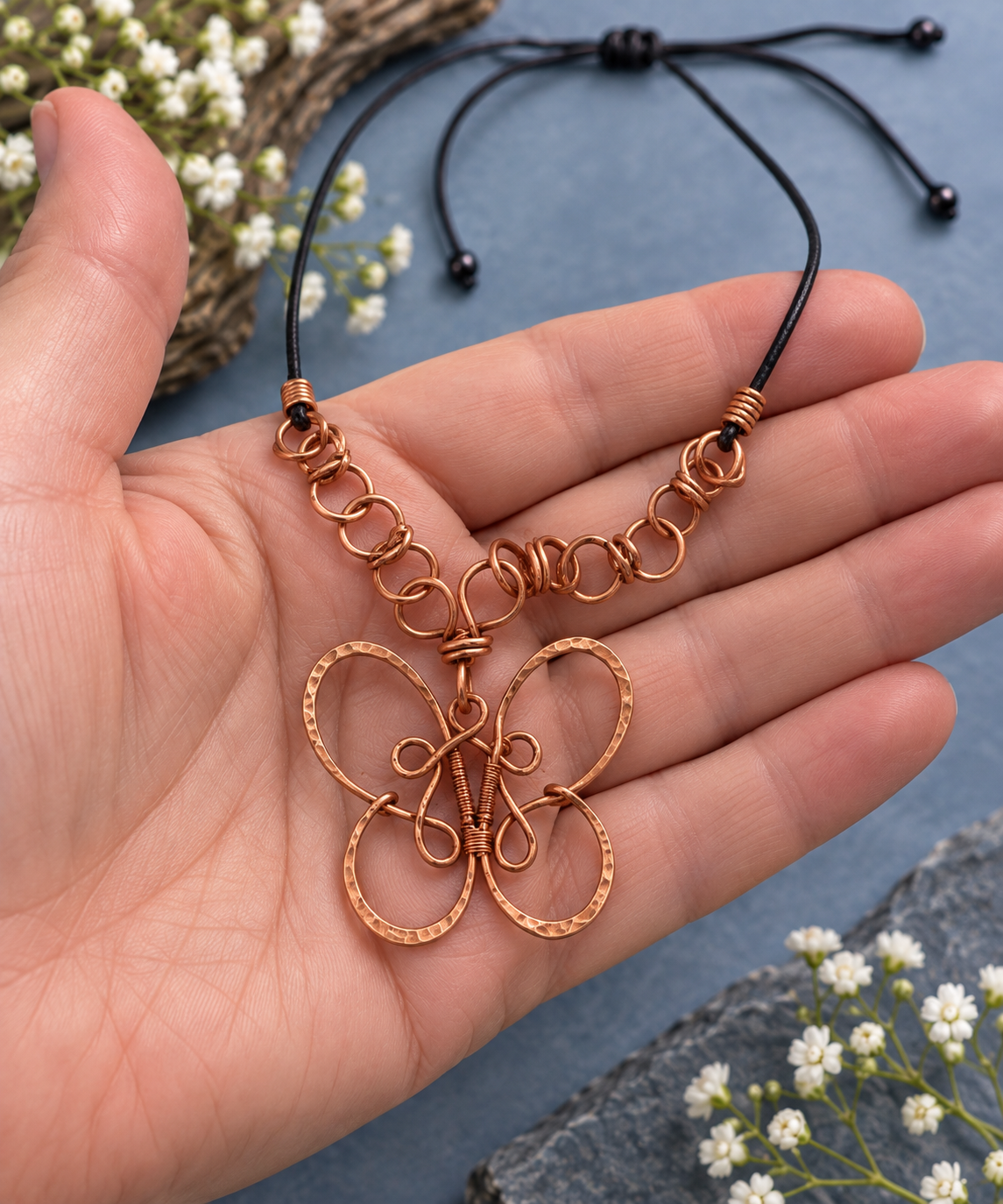 Recycled Copper Butterfly Pendant on Adjustable Leather Cord
