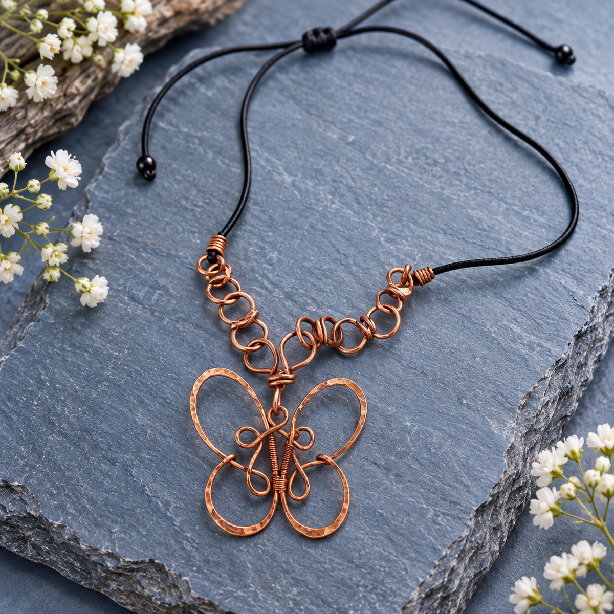 Recycled Copper Butterfly Pendant on Adjustable Leather Cord