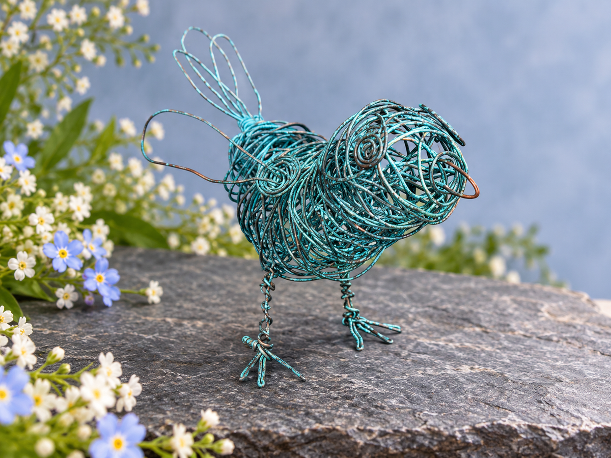 Cheeky Little Copper Wire Wren Sculpture with Blue Patina