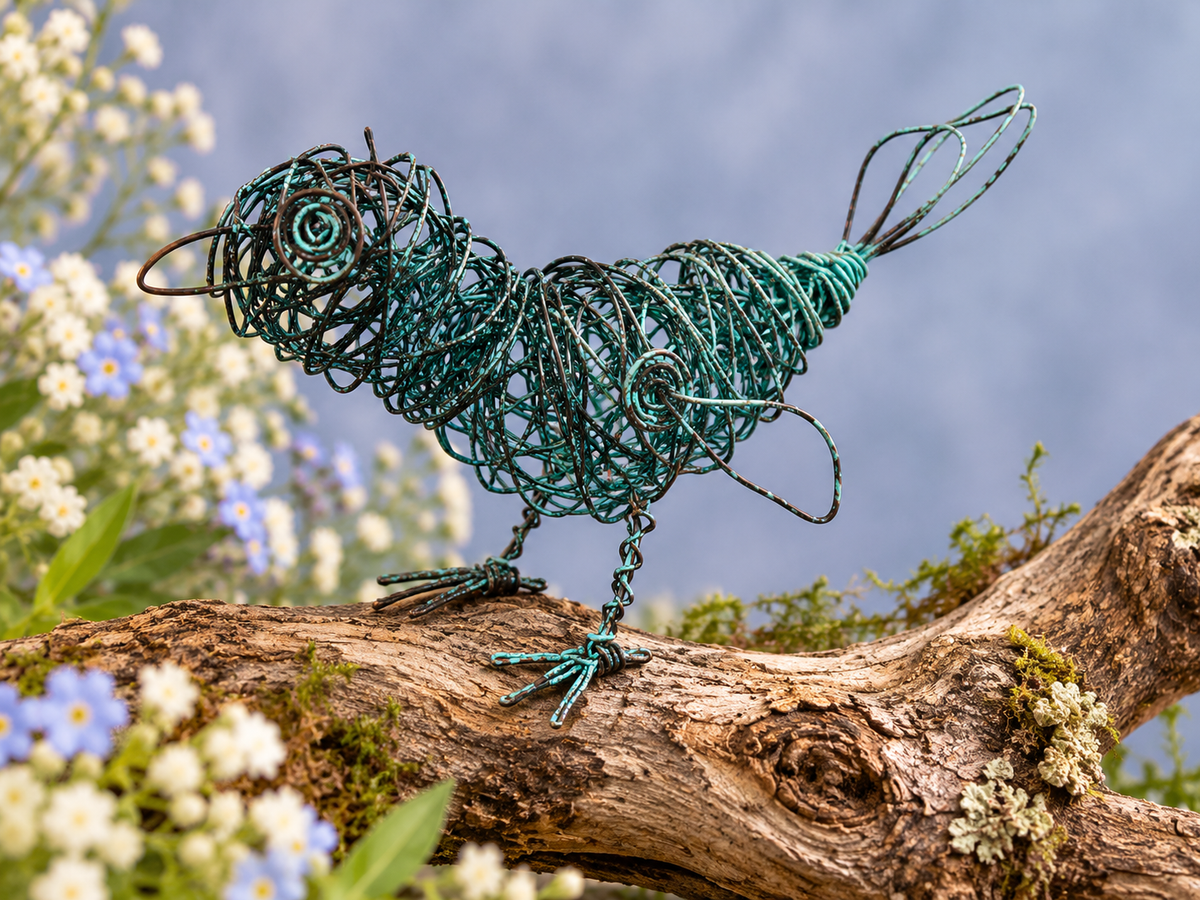 Cheeky Little Copper Wire Wren Sculpture with Blue Patina