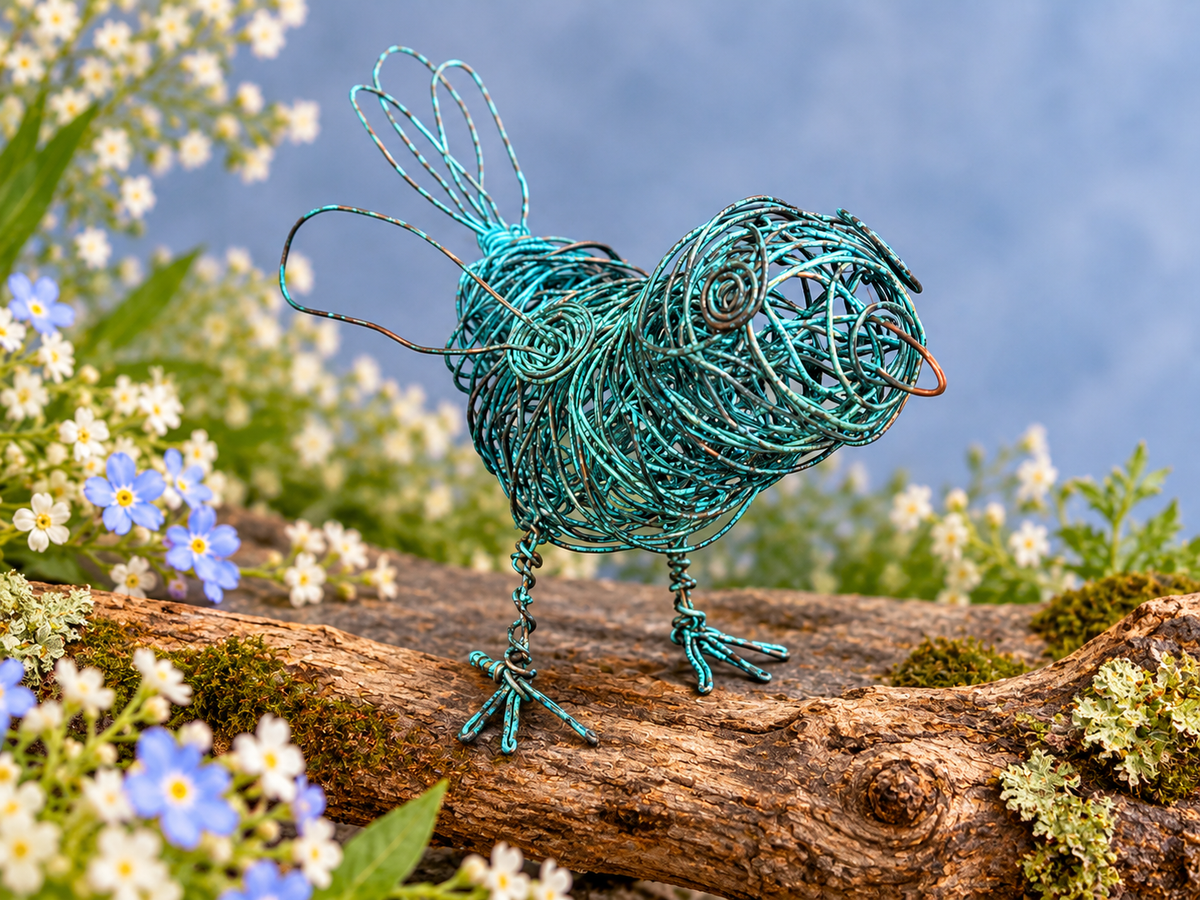 Cheeky Little Copper Wire Wren Sculpture with Blue Patina